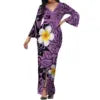 Hot Selling Flower Polynesian Tribal Bell Sleeve V Neck Long Maxi Slit Dress Custom Plus Size Womens Dresses Island Style Dress