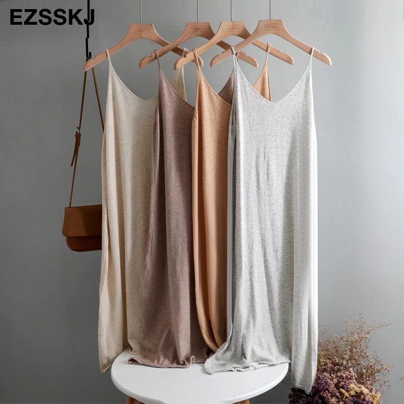 Ezsskj Spring summer 2020 Woman Knitted Tank Dress Casual Long Camisole Vest dress Women Loose  cashmere maix a-line dress