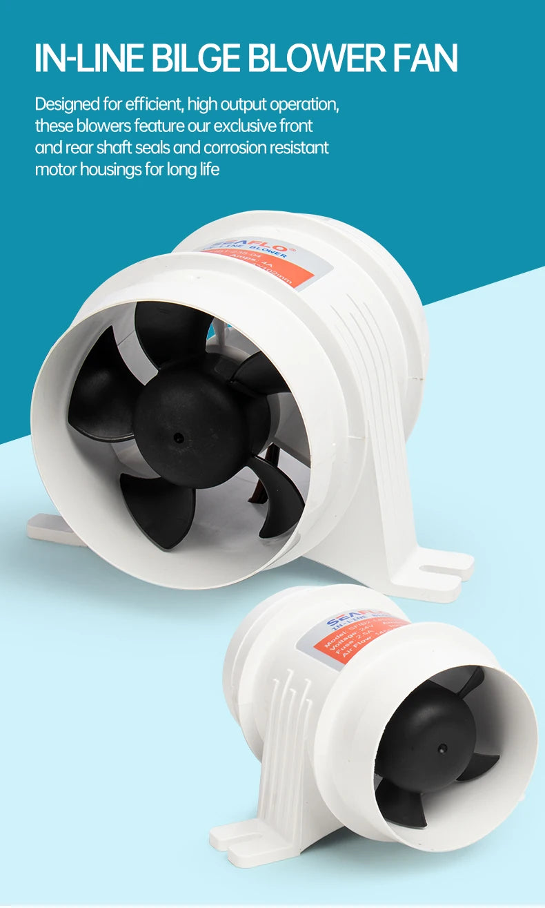 12V/24V 40A  ABS Quiet Air Blower Water Resistant High Air Flow In-Line Blower Marine Bilge Boat Blower Motor Plastic