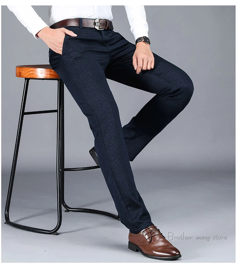 Winter New Men's Warm Casual Pants Business Fashion Fleece Thick Plaid Trousers Office Stretch Pants Male Brand Clothing