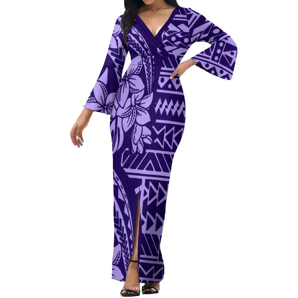 Hot Selling Flower Polynesian Tribal Bell Sleeve V Neck Long Maxi Slit Dress Custom Plus Size Womens Dresses Island Style Dress