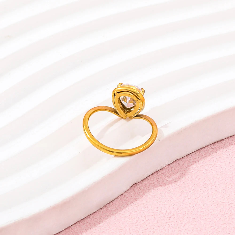 Trendy Stainless Steel Fine Arrow Rings 18K Gold Plated with Water Drop & Big Zircon for Gifts
