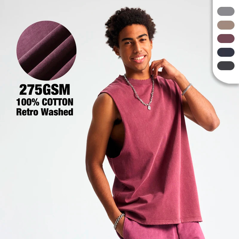 New Arrivals 275 GSM Cotton Fabric Boxy Sleeveless T Shirt Retro Washed Raw Edge Blank Damaged Vintage Sleeveless Tank Top