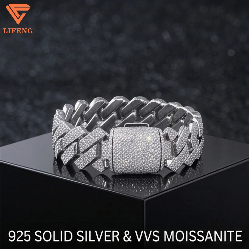 Lifeng Jewelry 20mm 4rows VVS Moissanite Cuban Link Chain Bracelet Sterling SIlver Diamond Hiphop Moissanite Cuban Chain for Men