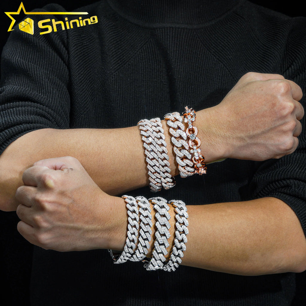 Hot Selling Pass Diamond Tester 925 Sterling Silver 10mm 15mm  20mm Moissanite Cuban Link Chain Mens Cuban Bracelet