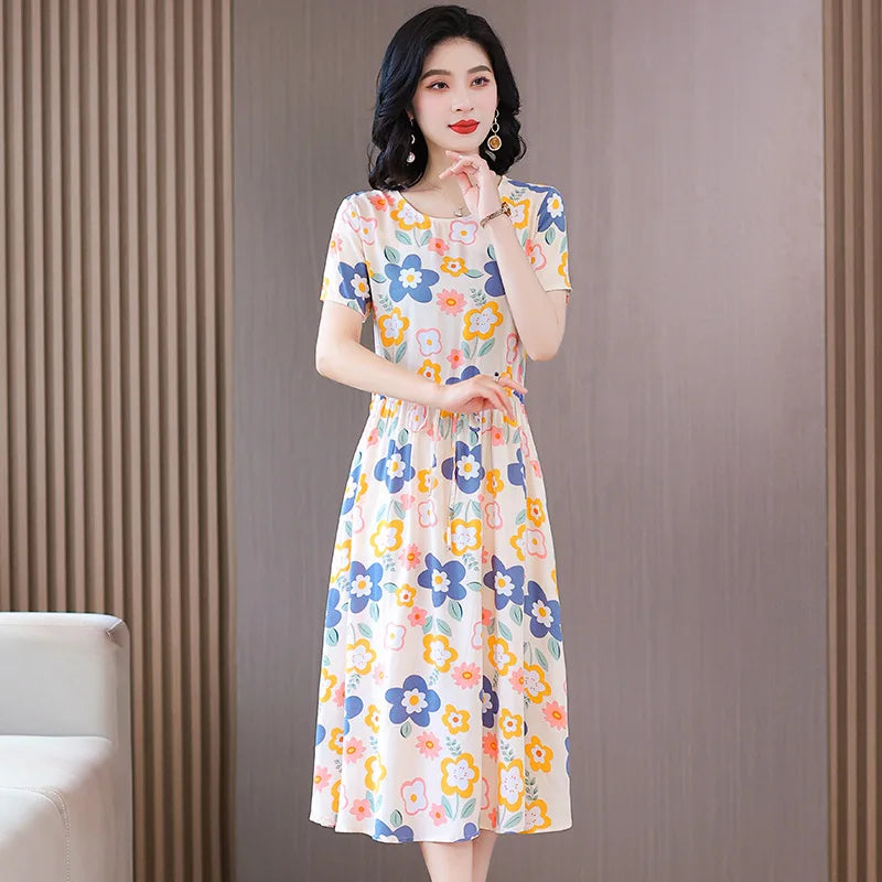 Women Floral Printed Summer Dresses O-neck Short Sleeve Fashion Printing Women's Simple Flower A-line Casual Dress