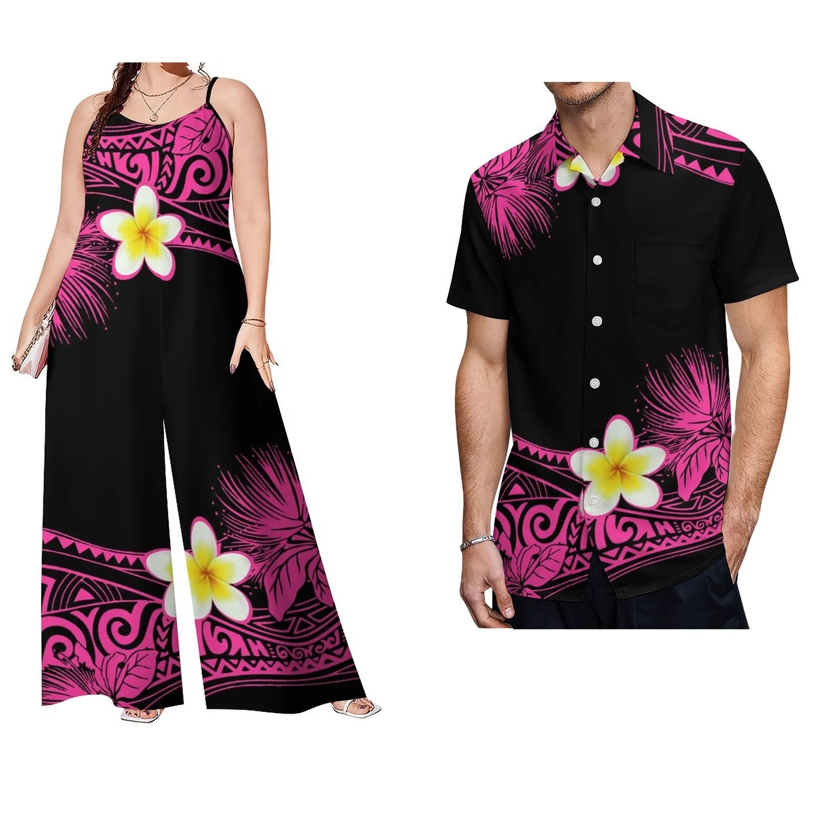 Low Price Custom Plus Size Polynesian Clothing Casual Sets of Couples Samoan Tribal Print Men Shirt Women Loose Rompers 2pc Sets