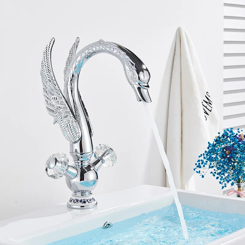 Luxury Gold Swan Basin Faucet Deck Mounted Bathroom Faucet Hot and Cold Water Mixer Tap Bath Water Faucet Basin Sink Taps