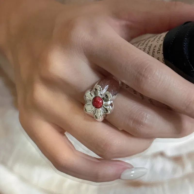 Natural Red Stone 925 Sterling Silver Big Flower Shape Adjustable Rings for Women