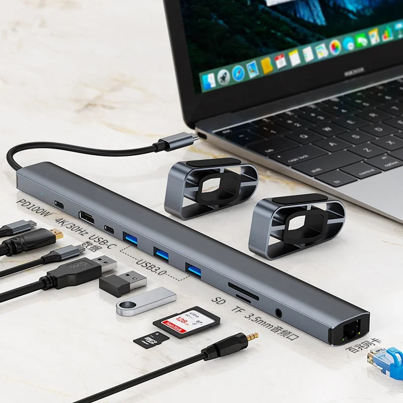 10 in 1 New Stock Arrival 4K30hz Type C Hub 10 in 1 4K Docking Station for Macbook Laptops