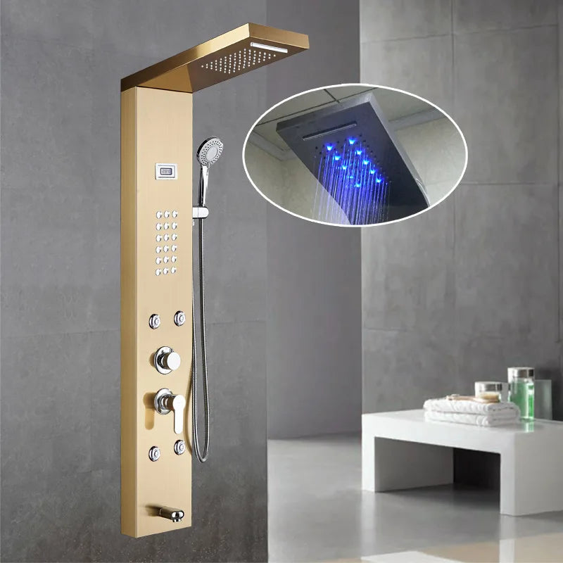 Luxury Hot Sale  Brushed Color Thermostatic Led Rain Shower Head Bathroom Stainless Steel Wall Mounted Waterfall Shower Panels