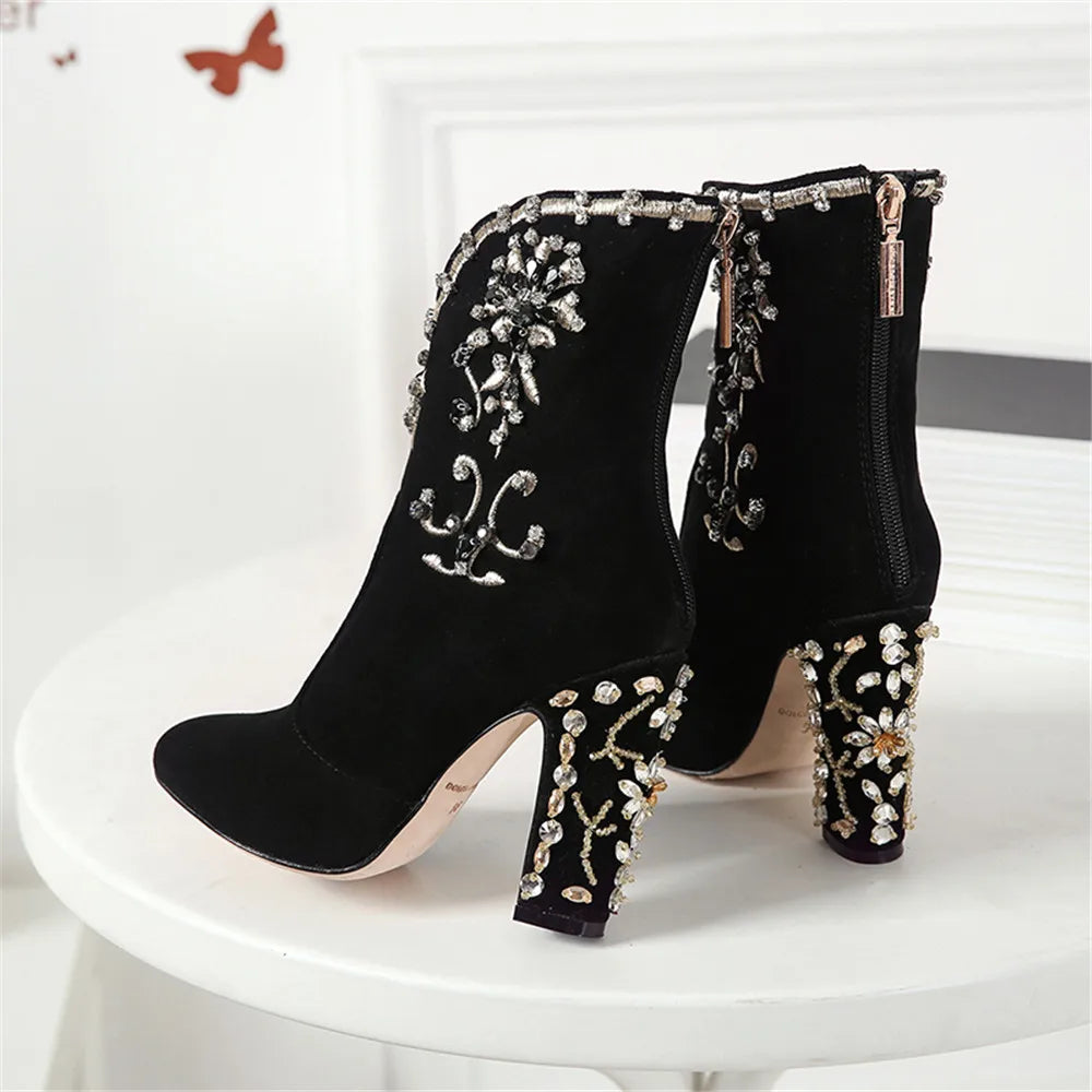 MILI-MIYA Fashion Women Kid Suede Ankle Boots Zipper Round Toe Crystal Square Heels Spring/Autumn Party Shoes Plus Size 34-43