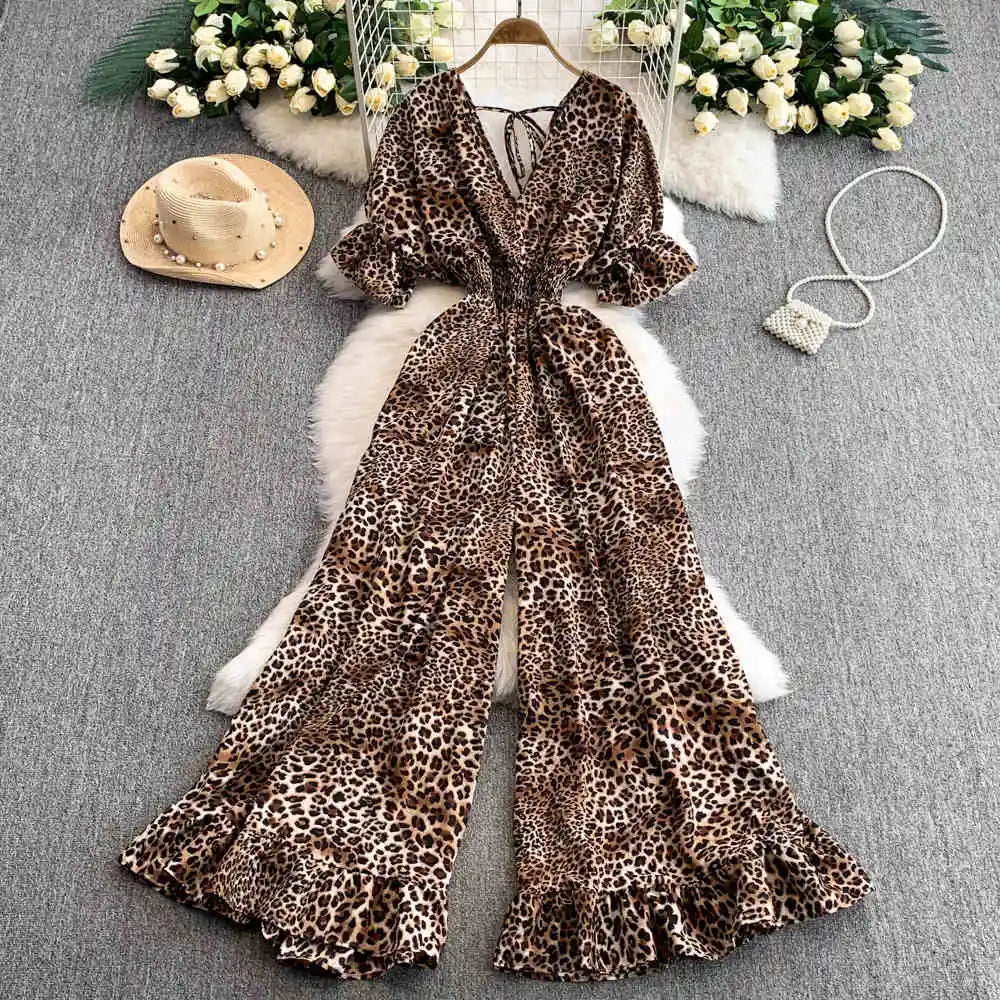 Women Sexy V Neck Short Sleeved Waist Fashion Female Ruffle Wide Leg Jumpsuit
