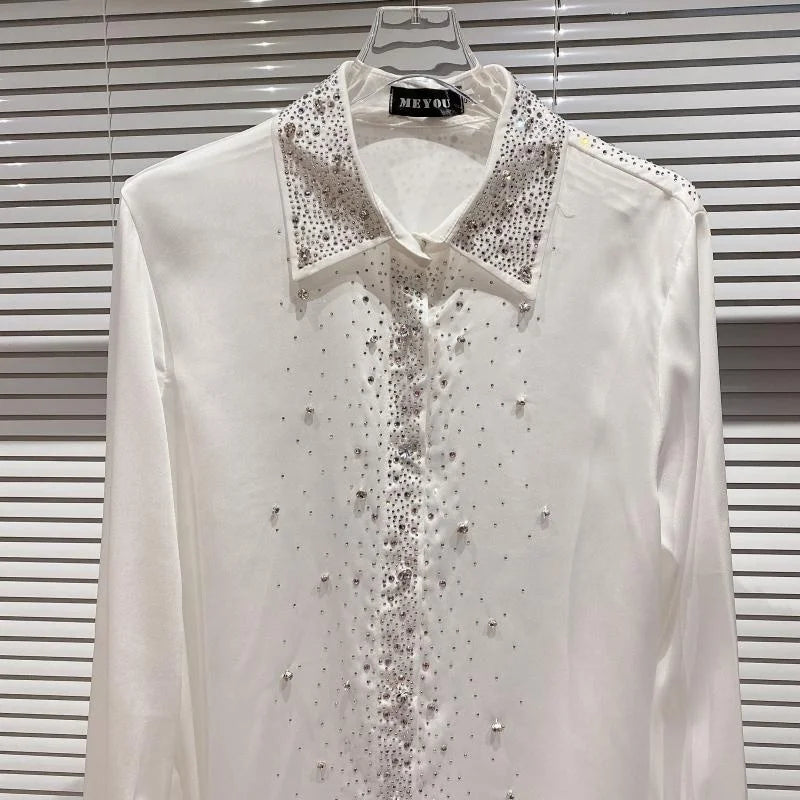 OUDINA New Style Starry Rhinestones Hot Diamond Long Sleeve Blouse Cotton Custom Polo Shirt Shirts for Women