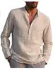 Men's Cotton Linen Casual Long Sleeve T-Shirt Plus Size Stand Collar Streetwear for Autumn Vacation & Fishing Pocket Detail