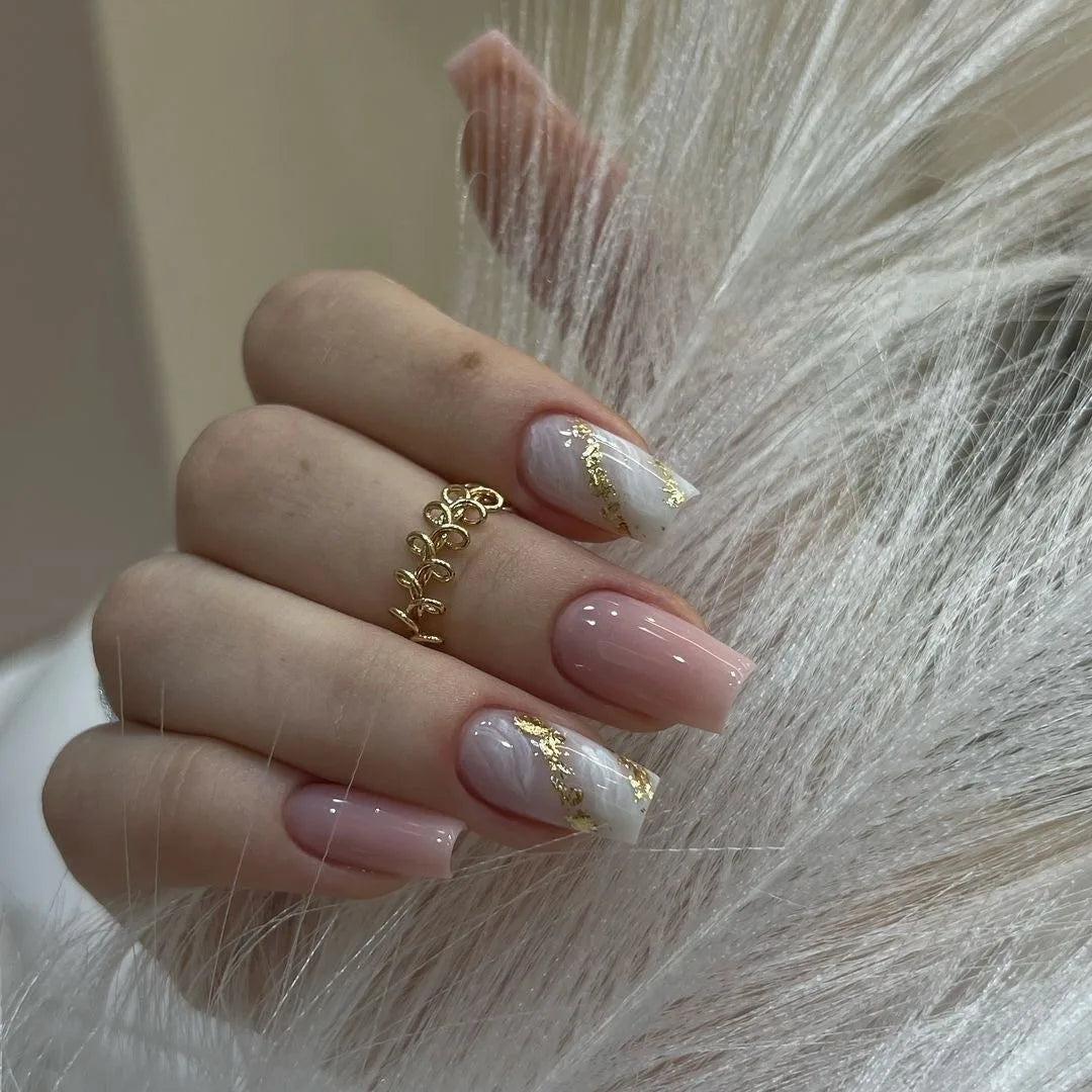 24 Pcs Pink and White Ombre with Gold Glitter Accent Nail Design Acrylic Press on Nails Artificial Fingernails False Nails 3224