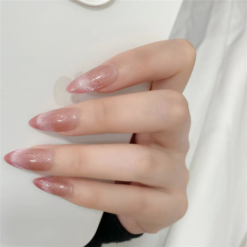 High Quality Bulk Cat Eye French Style pink Acrylic Gel Short Almond square Stiletto Handmade Wear Press on Nails