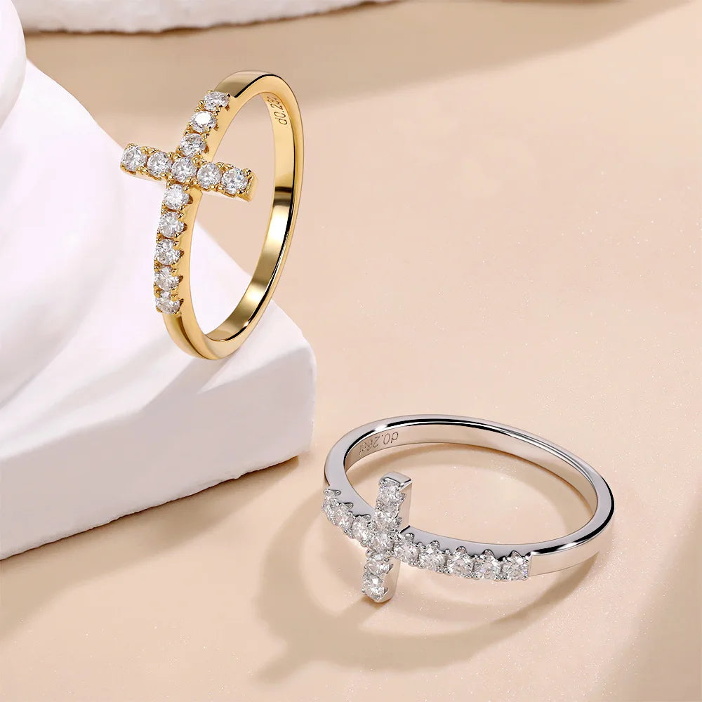 Cross Moissanite Ring in 925 Sterling Silver 18K Gold Plated, Fashion Statement Jewelry for TikTok Live Wholesale