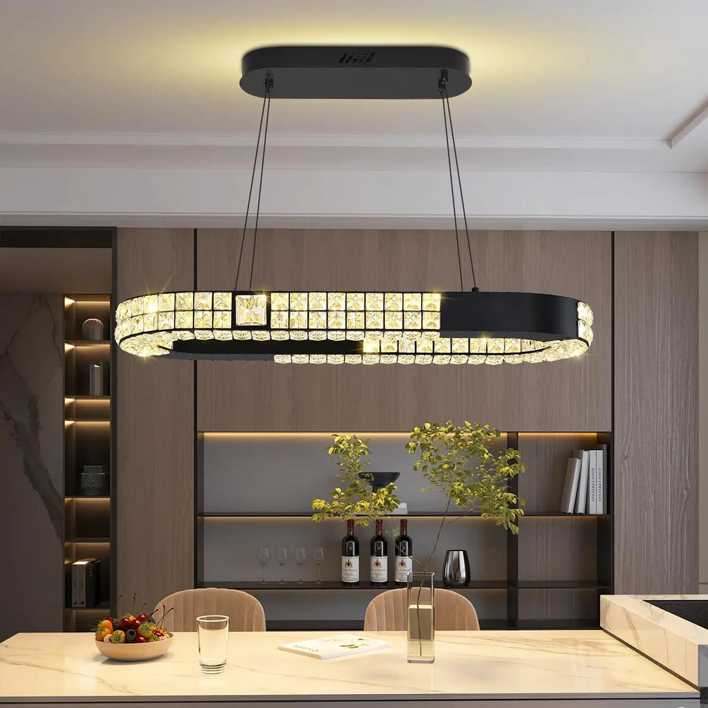 Oval Crystal Chandelier,LED Ring Chandelier for Kitchen Island Modern Linear Oval Chandeliers for Dining Room