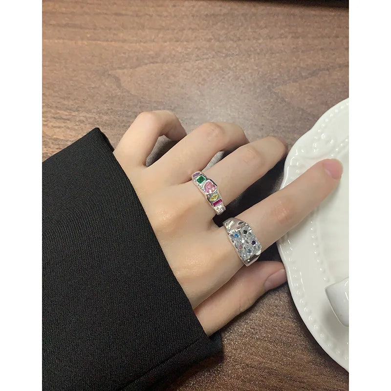 Fashion Wild Geometric Different Shape Colorful Zircon Paved Wedding 925 Sterling Silver Open Finger Rings