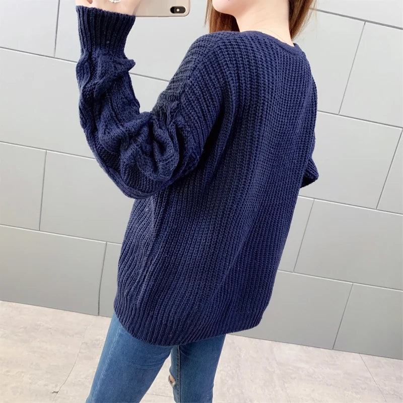 New Fashion Autumn Winter Sweater Long Sleeve Solid Color Knit Tops Cardigan Women's Clothing Casual Sweater