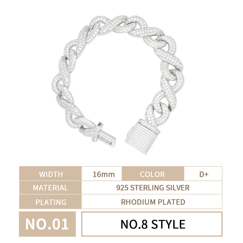 Premium Quality 925 Sterling Silver Hip Hop Style Fashion Jewelry Full Iced Out Moissanite Diamond Cuban Link Chain Bracelet