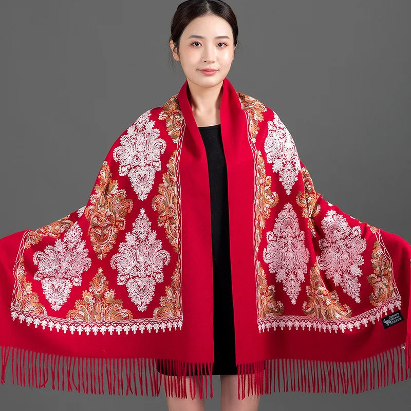 Women's Thick Warm Cashmere Winter Poncho Scarf Long Shawl Delicate Embroidery Wholesale Traditional Scarves Shawls Supplier