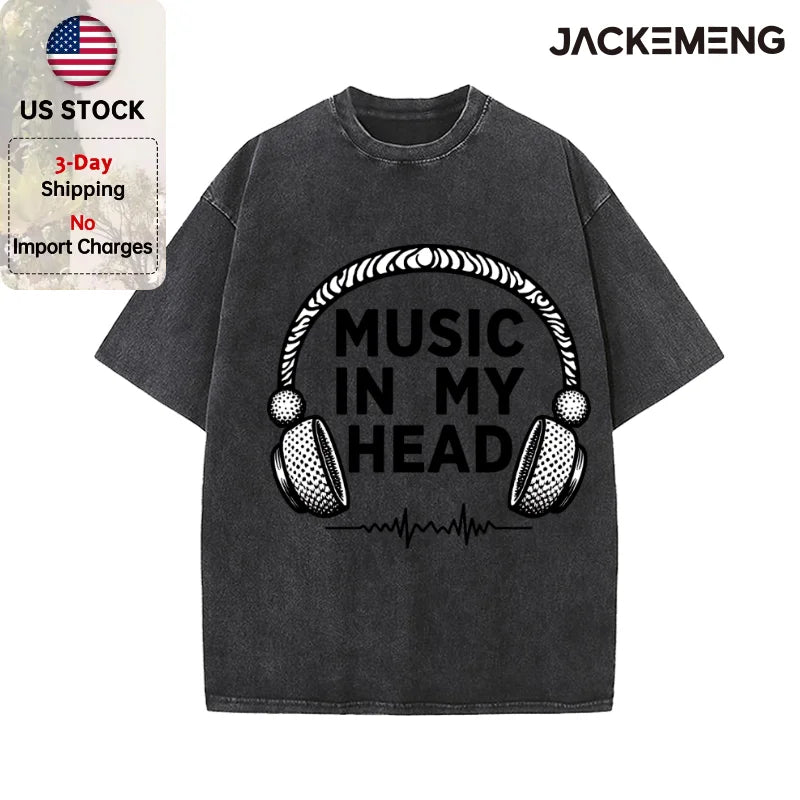 Oversized Washed Retro Music Headphone Streetwear Print Tshirt USA Stock Wholesale Y2K Casual Tee