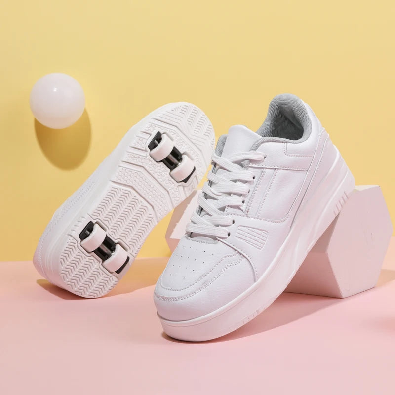 High Quality Four-Wheel Rampage Leather Sports Shoes for Boys and Girls Explosive Sneakers with TPR Sole for Roller Skating