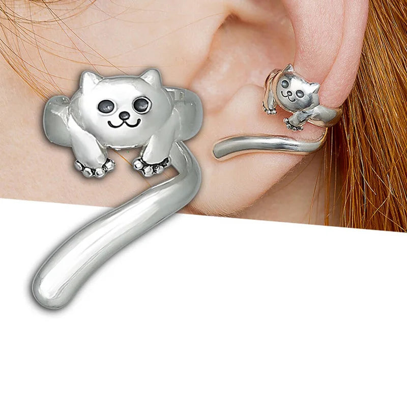 Antique Silver Cat Cuff Clip-on Earrings Women Cute Animal Shape Zircon Fashion Jewelry Alloy Material Four Seasons Versatile