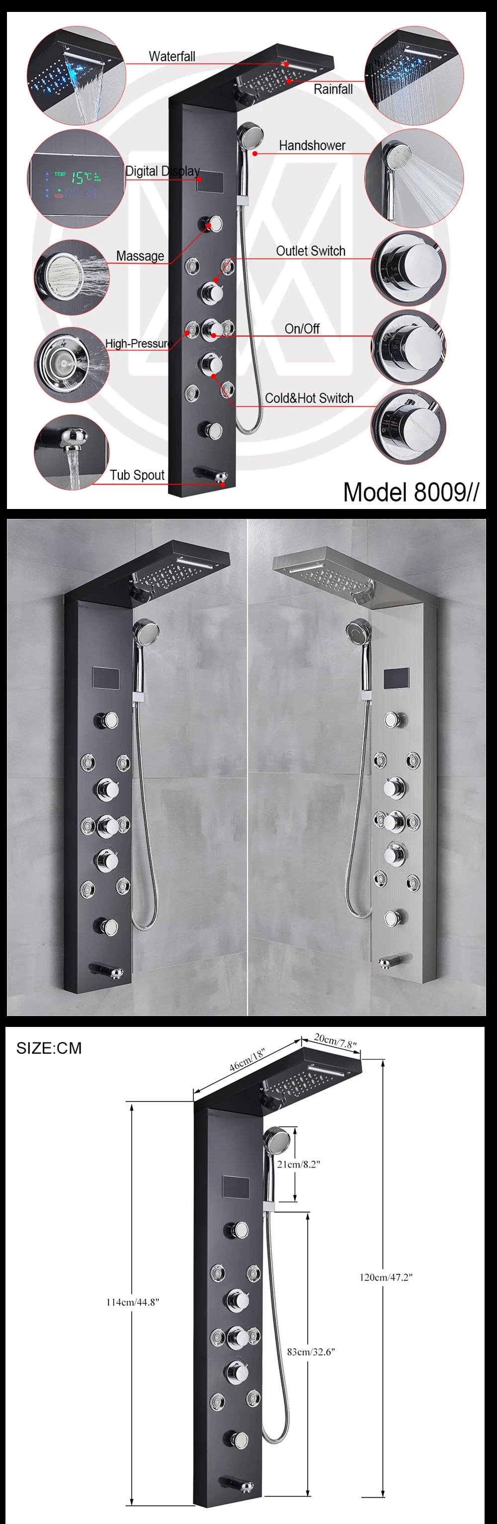 LED Shower Panel Waterfall Rain Digital Display Shower Faucet Set SPA Massage Jet Bathroom Column Mixer Tap Tower System