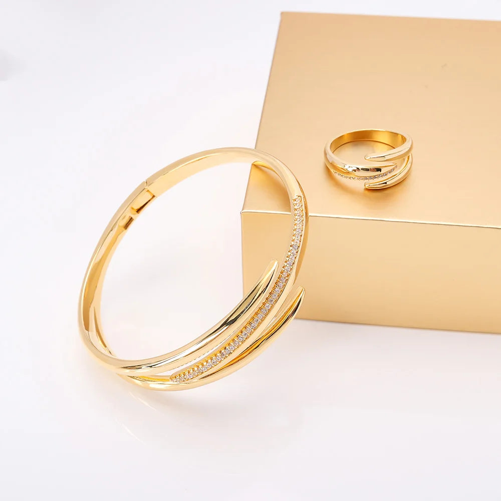011857 Women Fashion Bracelet Ring Sets Cubic Zircon Bangle Rings Set for Women Cuff Design Jewelry Set for Party Daily Life
