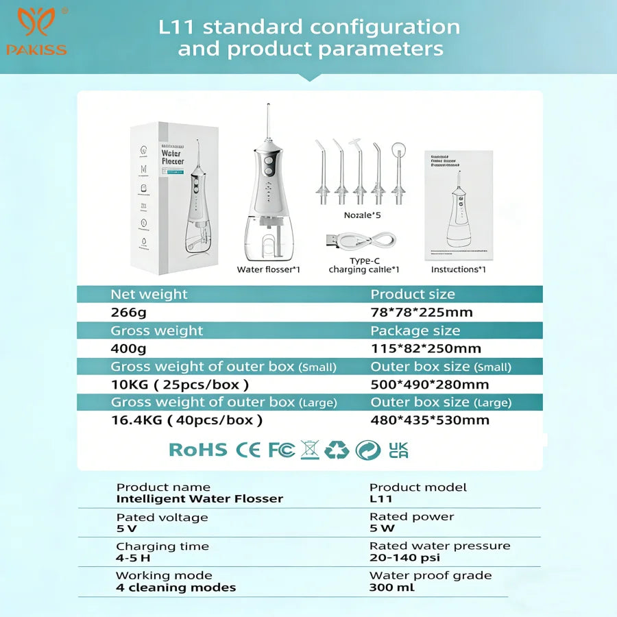 PAKISS L11 Water Flosser with Type-C Charging,Oral Irrigator with 300ml Removable tank
