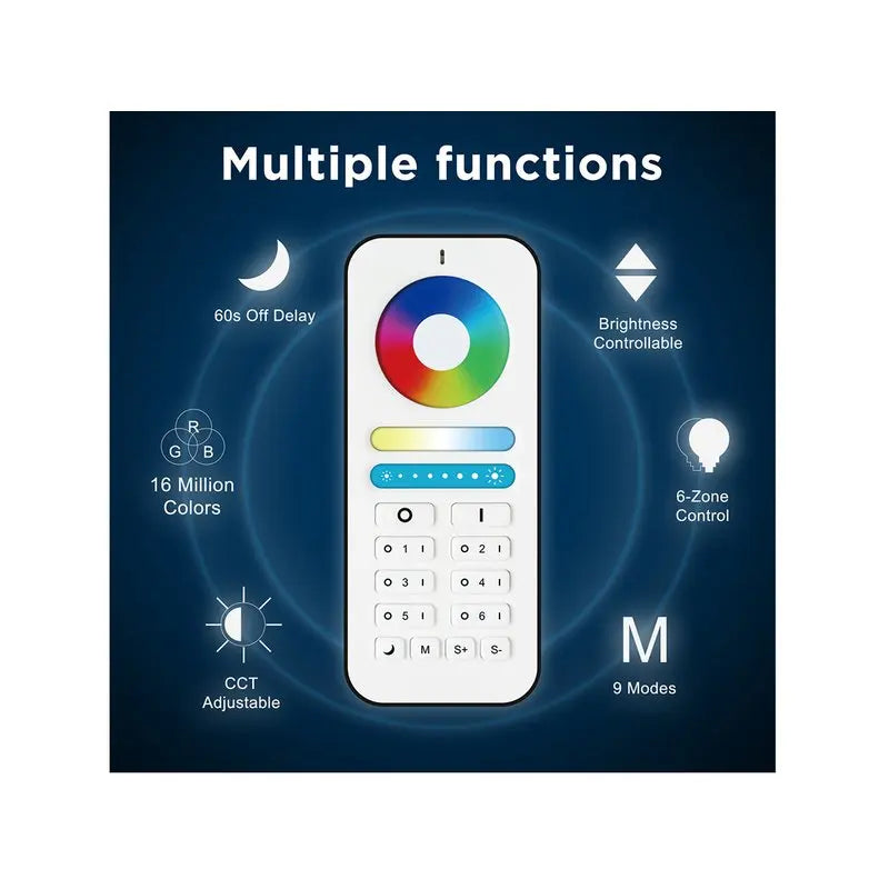 2.4GHz RF Remote Control 5-in-1 RGB+CCT Radio Controller for 6 Zones 9 Modes Smart Home Lights