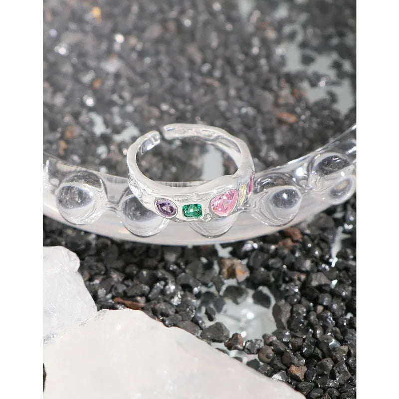 Fashion Wild Geometric Different Shape Colorful Zircon Paved Wedding 925 Sterling Silver Open Finger Rings