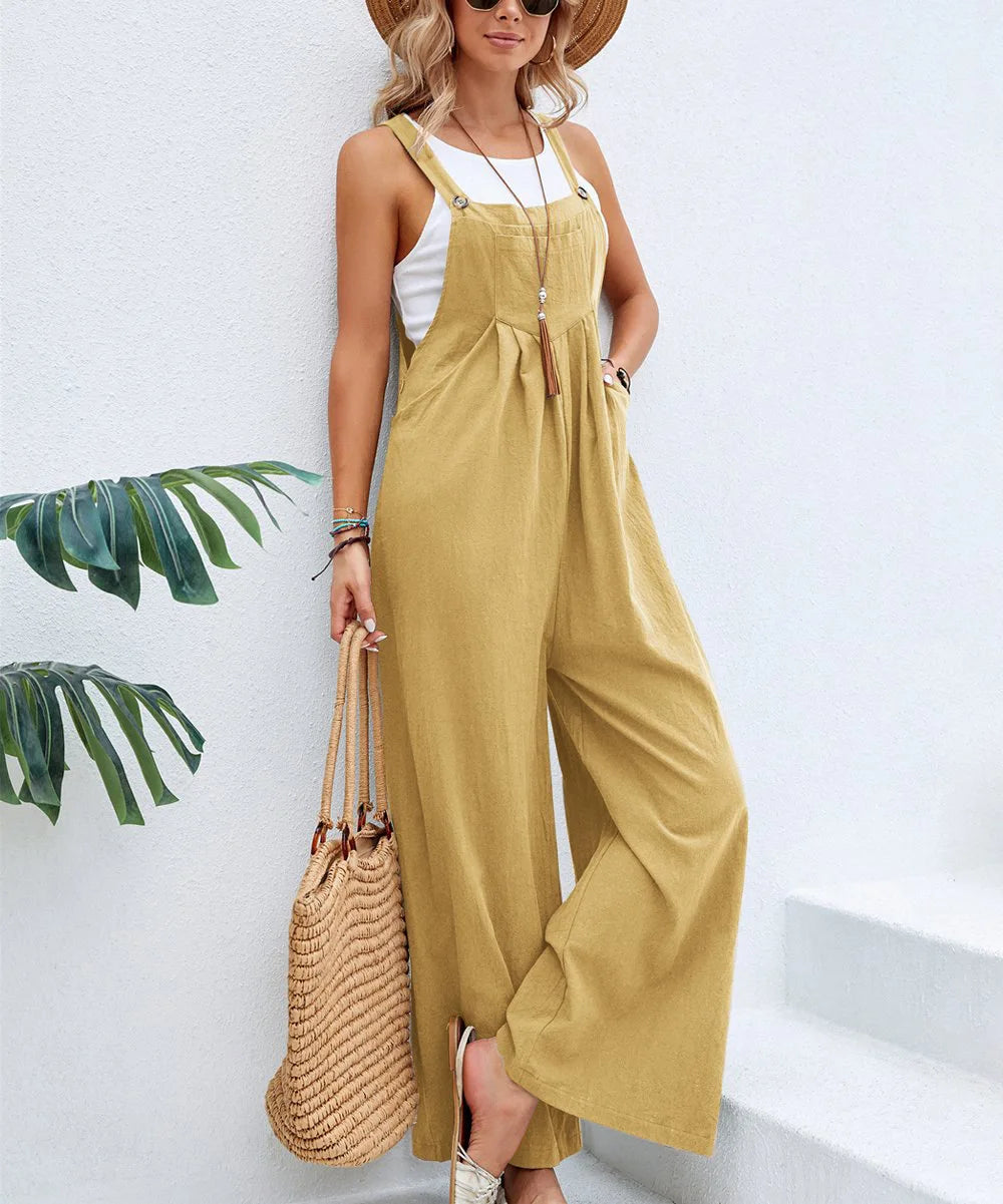 2025 Women's Summer Retro Style Jumpsuit New Style Solid Color Casual Strap Pants Loose Fit Breathable with Art Retro Pocket