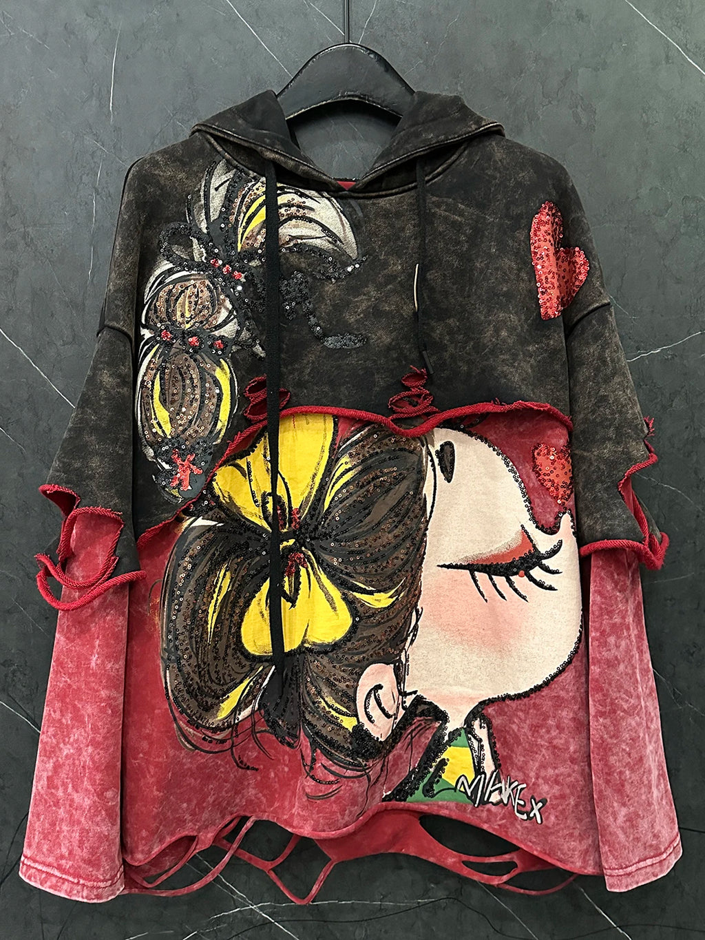 Women's Trendy Ripped Faux Two-Piece Cartoon Hooded Color-Block Sweatshirt Loose Casual Top