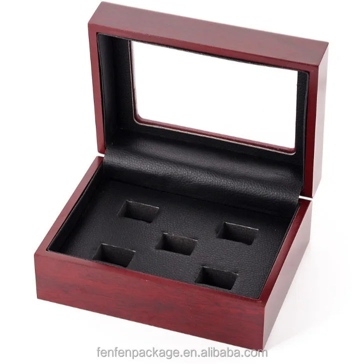 Wooden Trapezoid Display Case for Championship Rings Angled Multi-Slot Organizer for Basketball, Football Game Souvenir Rings