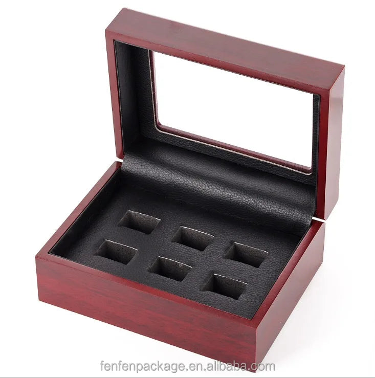 Wooden Trapezoid Display Case for Championship Rings Angled Multi-Slot Organizer for Basketball, Football Game Souvenir Rings