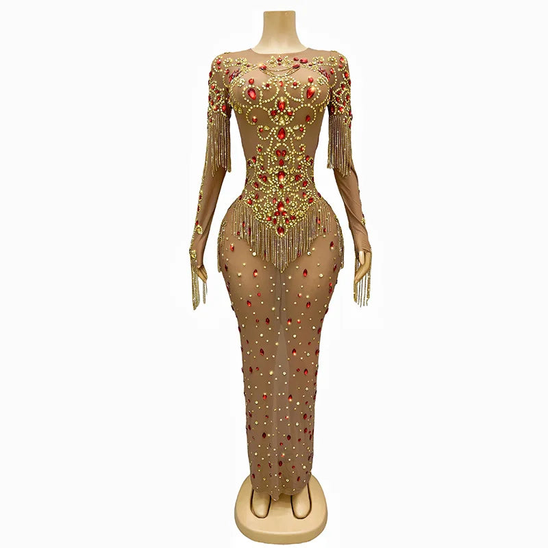 Summer New Mesh Micro Transparent Luxury Elegant Evening Wear Birthday Party Ball Performance Costume Rhinestone Dress