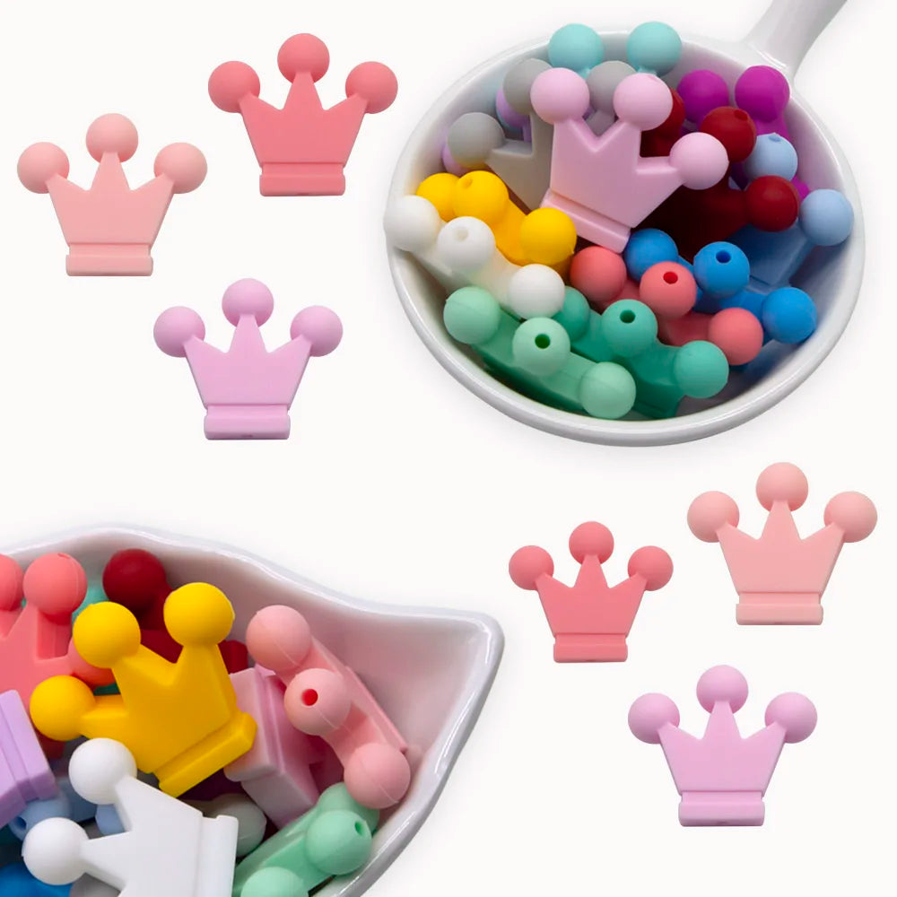 Cute-idea 10pc mini Crown BPA Free Silicone Beads Baby Teether Chew sensory Craft Chain For Pendant Food Grade Baby Teething Toy