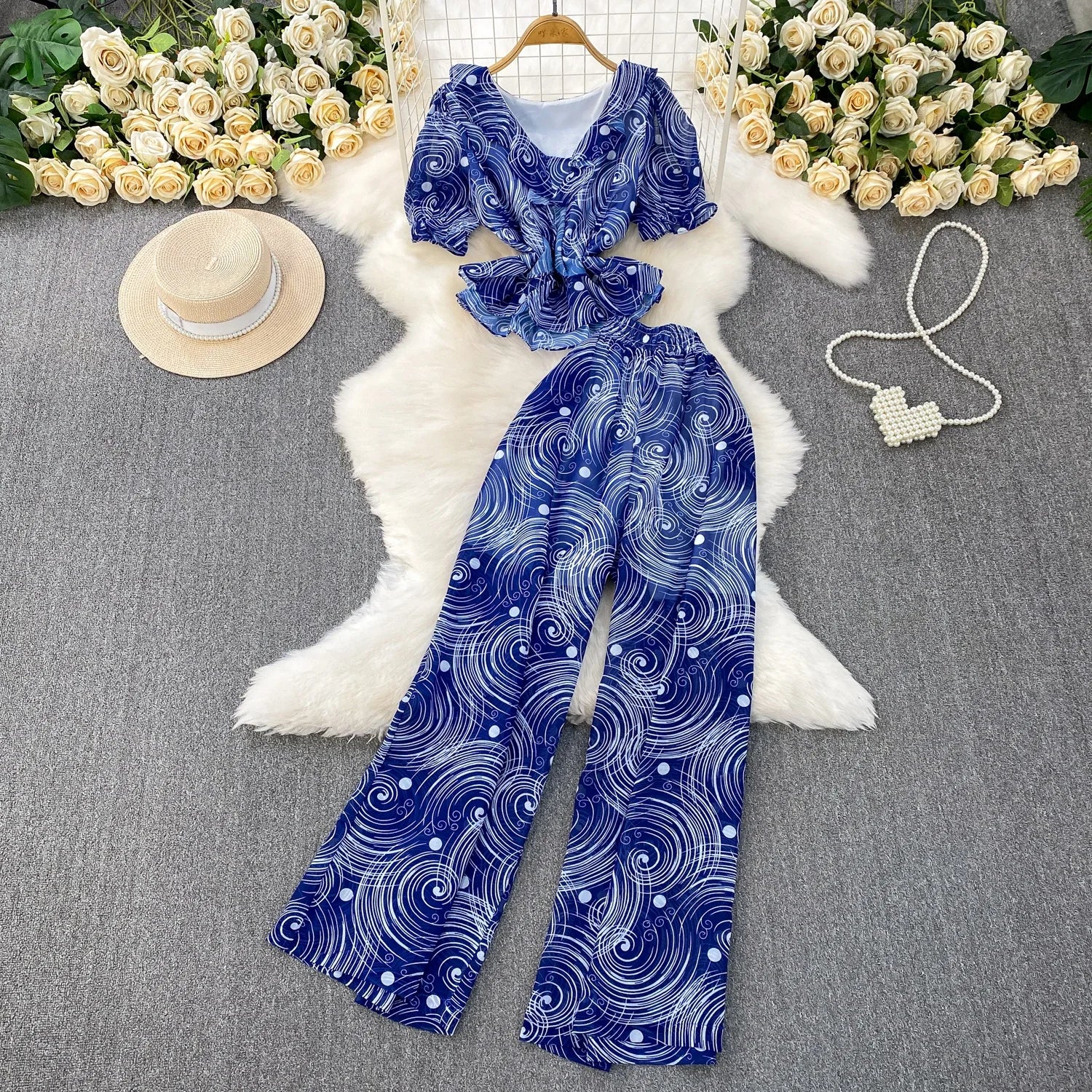 Lotus Leaf V-neck Short Sleeved T-shirt and High Waist Printed Chiffon Straight-leg Wide-leg Pants Two-piece Set