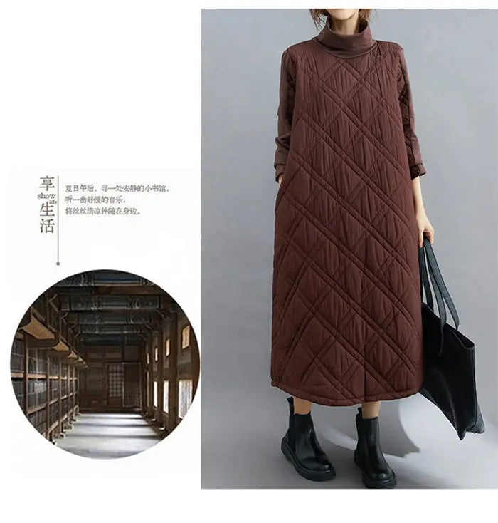 Retro Quilted Diamond Dress Thick Stitching Warm Autumn Winter Clothing New Women's High-Neck Casual Long Tunic y750