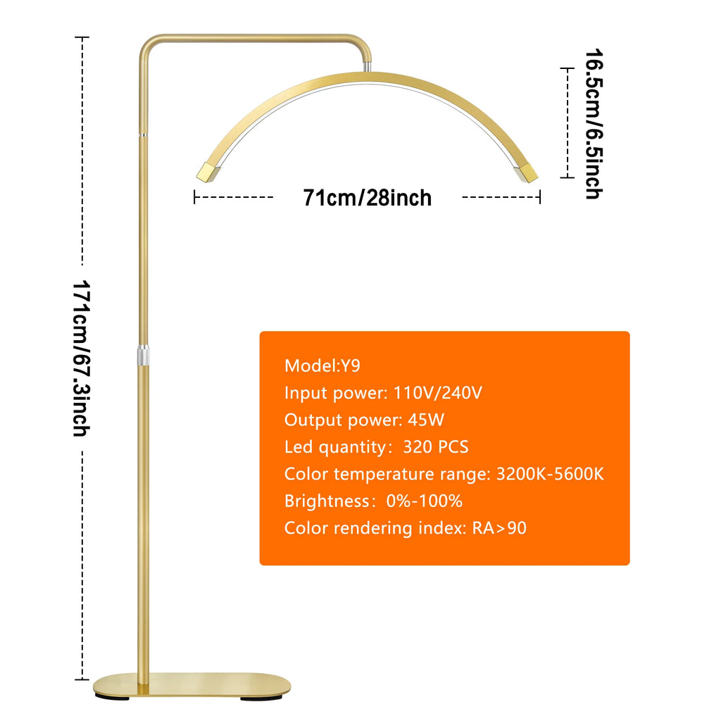 FOSOTO Golden Half Moon Eyelash Extension Light Floor Lamps for Lash Bed Ring Light With Stand Magnifying Lamp for Beauty