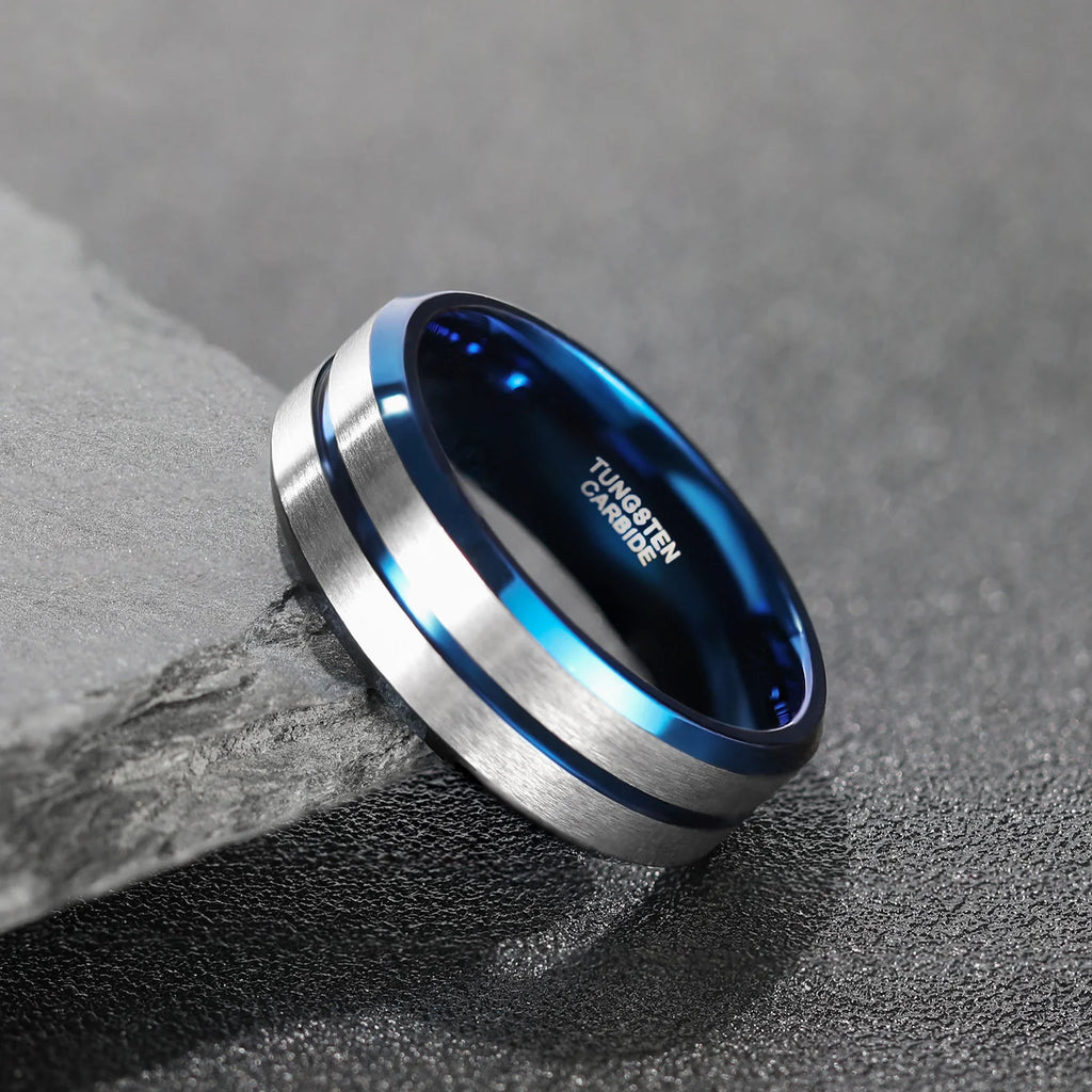 OAHLAN High Quality 8mm Brushed Tungsten Carbide Rings for Men Thin Blue Line Grooved Wedding Gift Dropshipping Fashion Jewelry