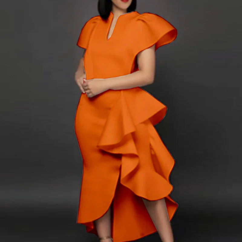 A80081 Manufacturer High Waisted Cap Sleeve Ruffles Midi Evening Dress Women
