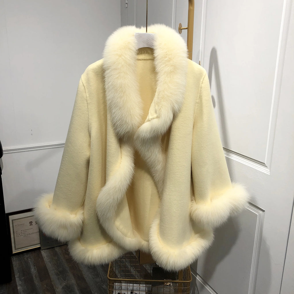 White fox Fur Trim Woolen Overcoat Female Winter Thick Clothes Long High-end Slim Cashmere Coat With Fox Fur Collar Cuffs