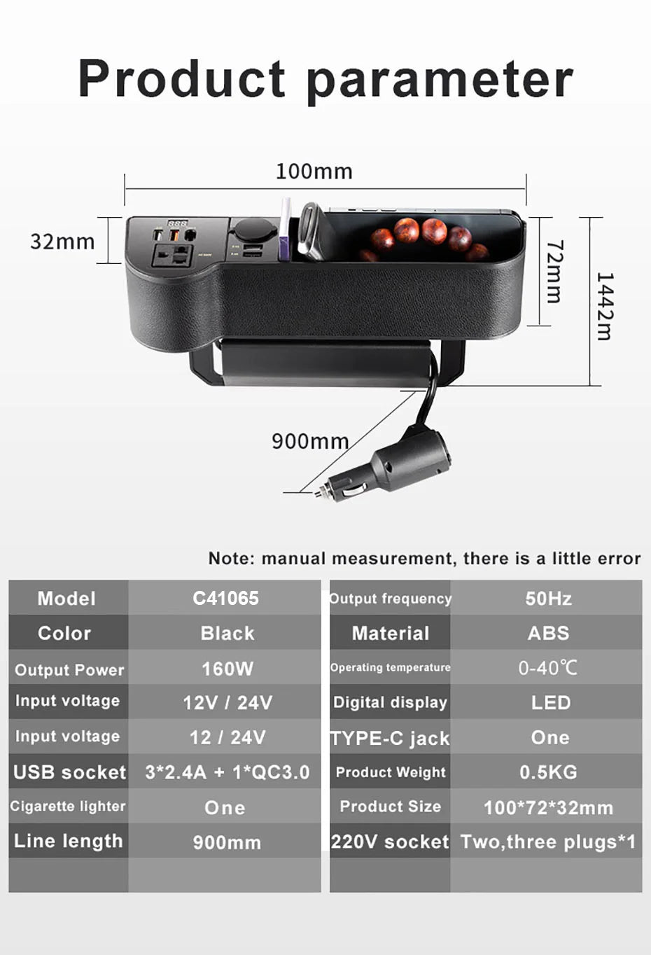 SEAMETAL Car Organizer with 12V/24V to 220V Inverter Seat Crevice Storage Box 4-USB Ports QC3.0 Fast Charging for Smartphone