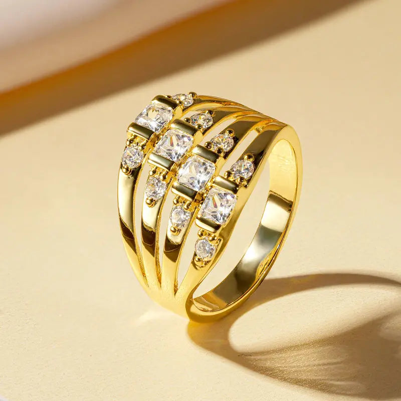 Wholesale New Trendy Ring 14K Gold Filled Zircon Rings Fashion Jewelry Four Rows Laminated Unisex Engagement Gift Party Wedding