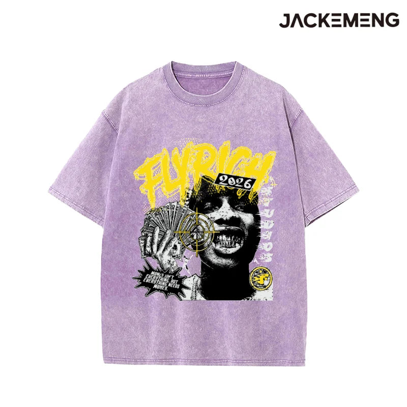 Oversized Washed Retro Money Streetwear Print Tshirt USA Stock Wholesale Y2K Casual Tee